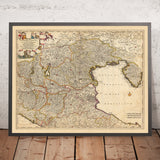 Antiguo mapa del dominio veneciano de Visscher, 1690: Bolonia, Florencia, Venecia, San Marino, Parco Alto Garda Bresciano