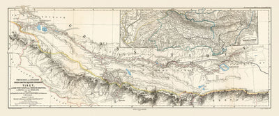 Ancienne carte de l'Himalaya par Petermann, 1868 : Everest, K2, Sikkim, Bhoutan, Tibet