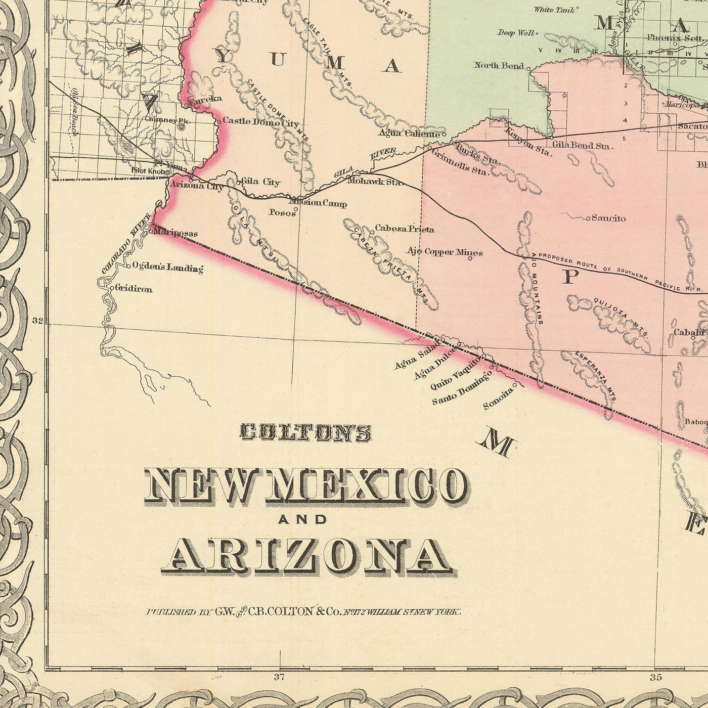Ancienne carte du Nouveau-Mexique et de l'Arizona par Colton, 1873 : Santa Fe, Tucson, Albuquerque, Prescott et Mesilla