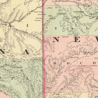 Ancienne carte du Nouveau-Mexique et de l'Arizona par Colton, 1873 : Santa Fe, Tucson, Albuquerque, Prescott et Mesilla