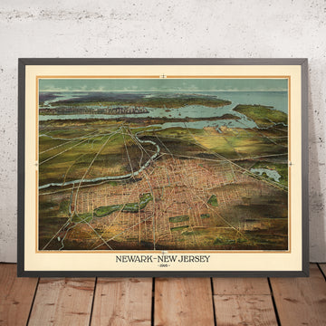 Mappa antica Birdseye di Newark di Landis, 1916: Manhattan, Porto di Newark, Ferrovie, Baia di New York 
