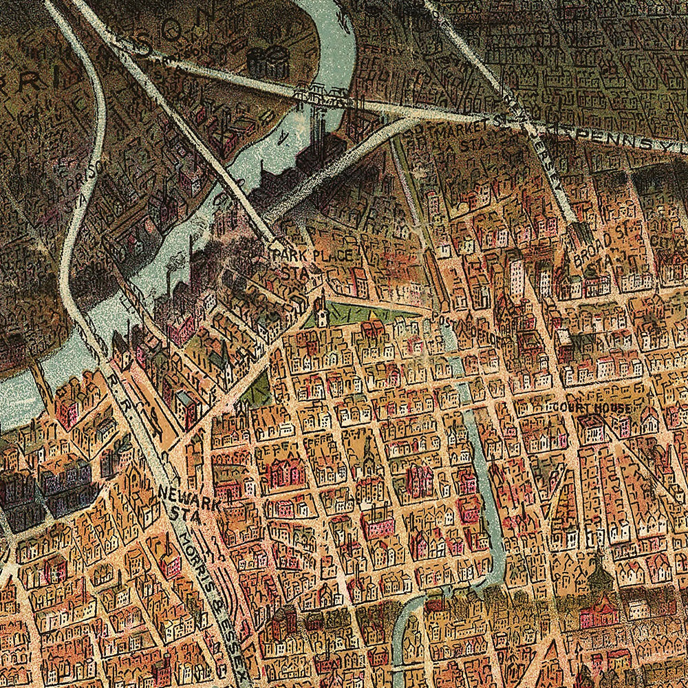 Mapa antiguo de Newark, realizado por Landis en 1916: parque Branch Brook, parque Weequahic, puerto de Newark, ferrocarriles, puentes