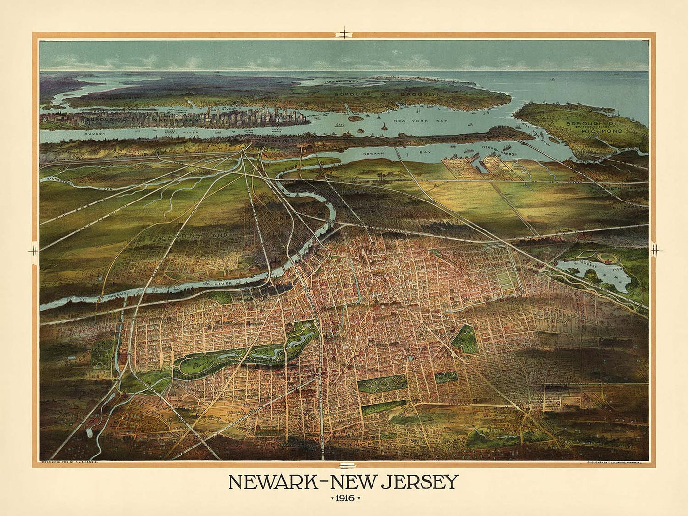 Mapa antiguo de Newark, realizado por Landis en 1916: parque Branch Brook, parque Weequahic, puerto de Newark, ferrocarriles, puentes