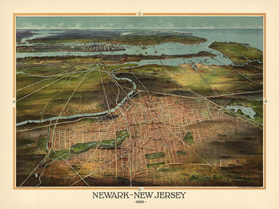 Mapa antiguo de Newark, realizado por Landis en 1916: parque Branch Brook, parque Weequahic, puerto de Newark, ferrocarriles, puentes