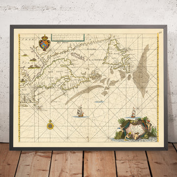 Antica carta nautica da Cape Cod a Terranova di Seller, 1674: Nuova Inghilterra, Nuova Scozia, Penisola di Avalon 