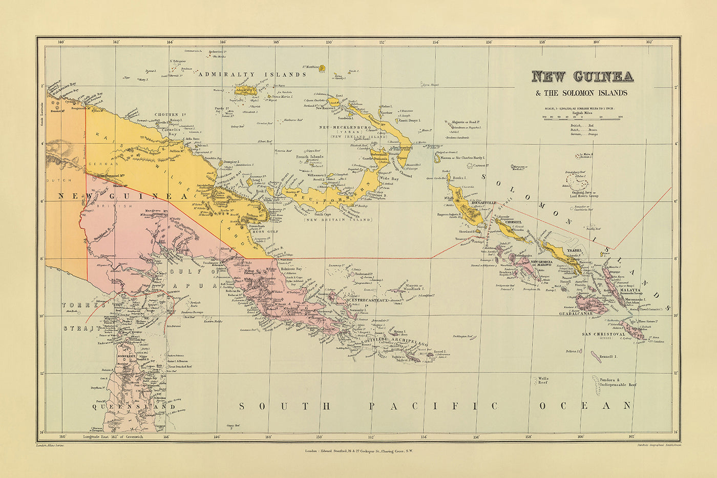 Mapa antiguo de Papua Nueva Guinea y las Islas Salomón de Stanford, 1901: Port Moresby, Mar del Coral, Mar de Salomón, Nueva Bretaña, Estrecho de Torres