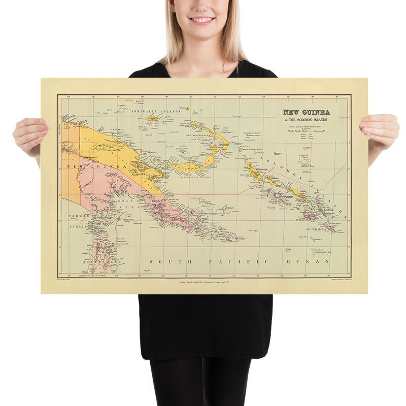 Alte Karte von Papua-Neuguinea und den Salomonen von Stanford, 1901: Port Moresby, Korallenmeer, Salomonenmeer, Neubritannien, Torres-Straße