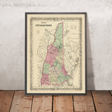 Old Map of New Hampshire by J.H. Colton, 1855: Concord, Portsmouth, Dover, Nashua, and Manchester