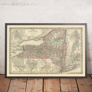 Alte Karte von New York von J.H. Colton, 1874: New York City, Buffalo, Rochester, Albany, Syracuse 