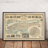 Rare Old Large Map of New York City by Phelps, 1857: Central Park, Hudson River, Old Illustrations