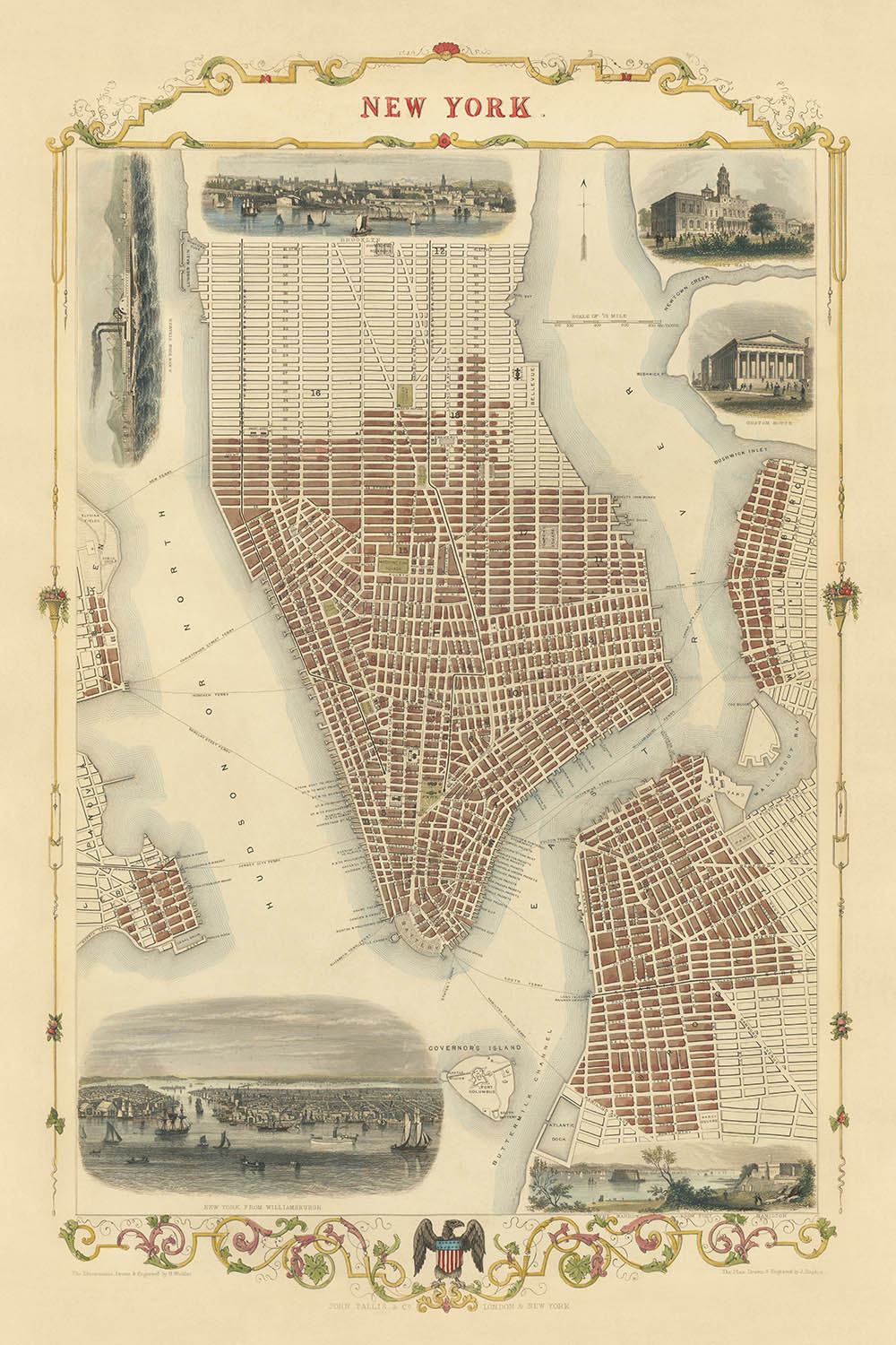 Ancienne carte des États-Unis par Tallis & Rapkin, 1851 : New York, Brooklyn, Williamsburgh, l'hôtel de ville, la douane