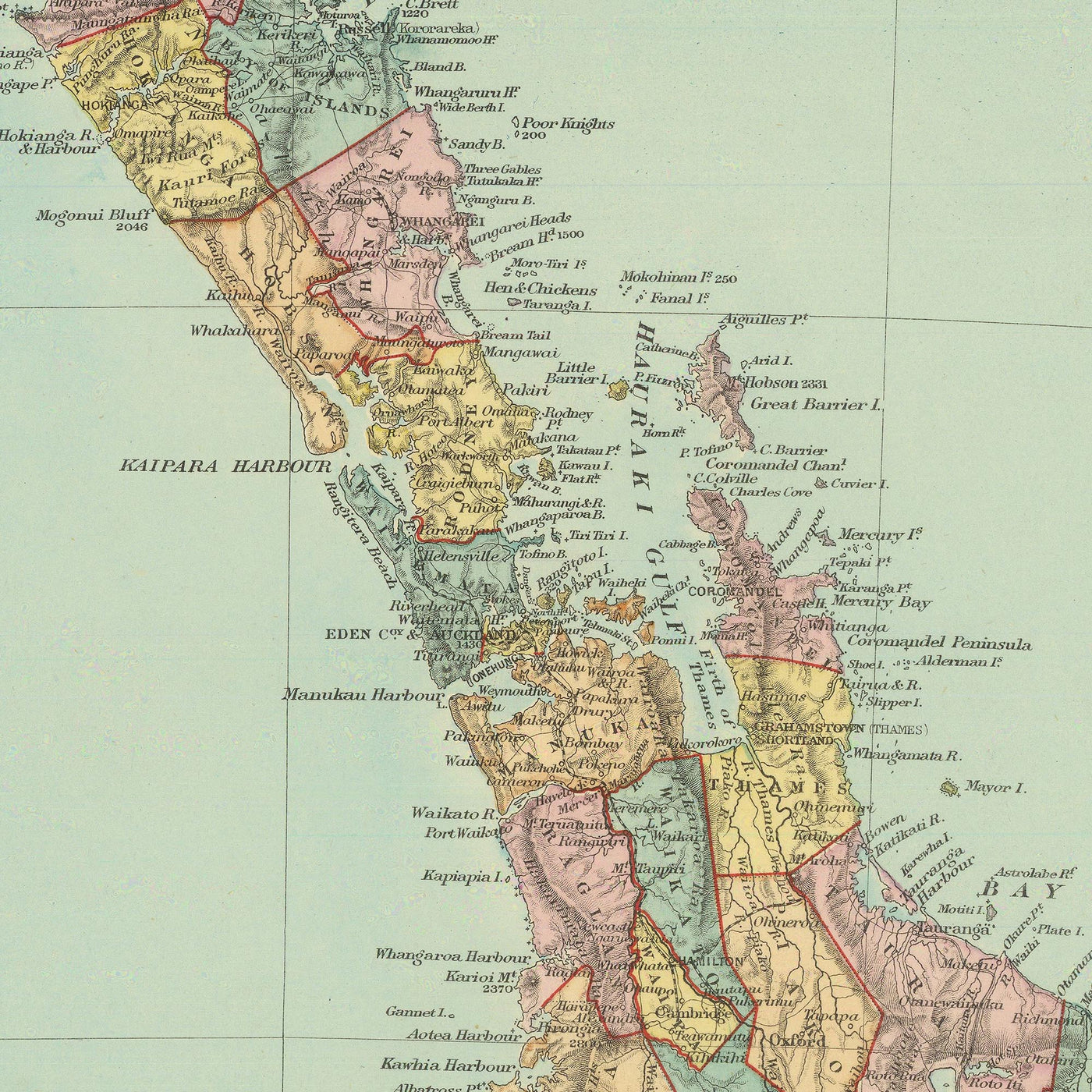 Old Map of New Zealand by Stanford, 1887: Auckland, Wellington, Southern Alps, Stewart Island, Counties