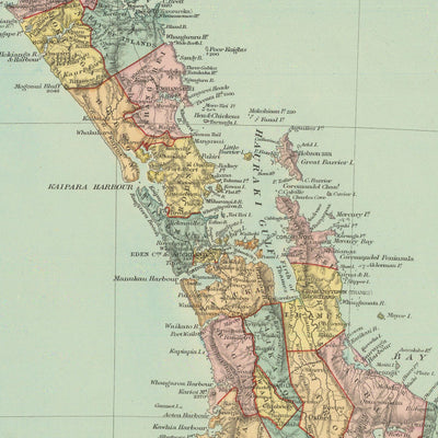 Old Map of New Zealand by Stanford, 1887: Auckland, Wellington, Southern Alps, Stewart Island, Counties