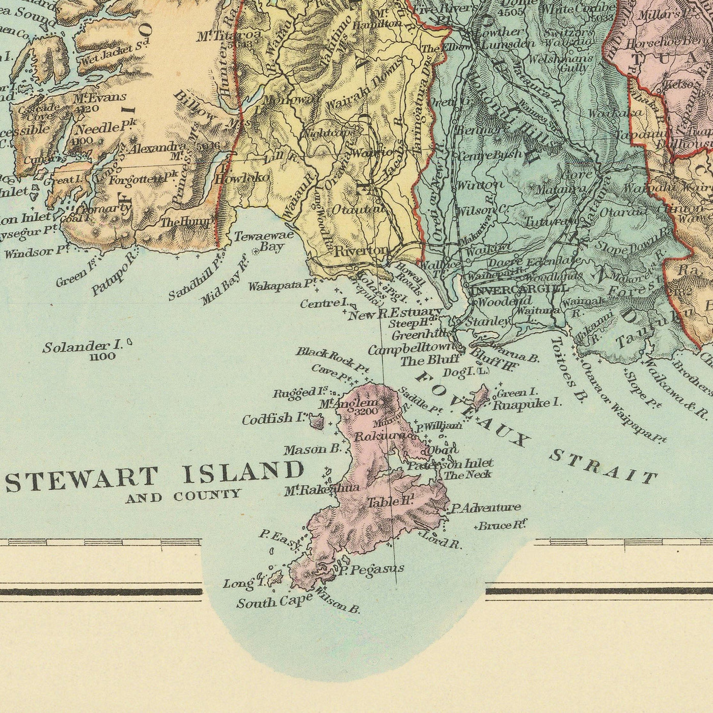 Old Map of New Zealand by Stanford, 1887: Auckland, Wellington, Southern Alps, Stewart Island, Counties
