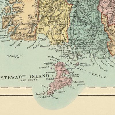Old Map of New Zealand by Stanford, 1887: Auckland, Wellington, Southern Alps, Stewart Island, Counties