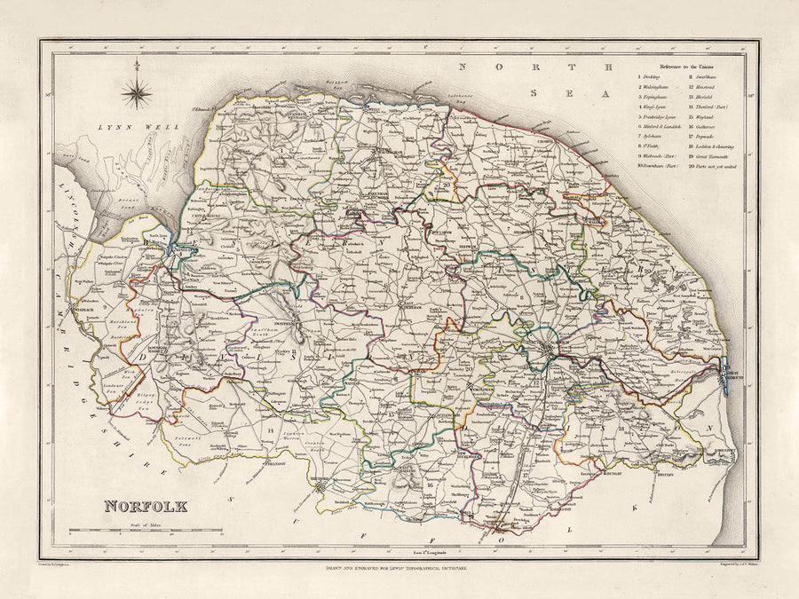 Old Map of Norfolk by Samuel Lewis, 1844: Norwich, King&