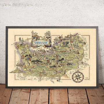 Antica Mappa Pittorica della Normandia di Liozu, 1951: Rouen, Le Havre, Mont Saint-Michel, Spiagge del D-Day, Caen 