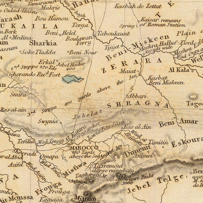 Antiguo mapa de Marruecos, 1836: Montañas del Atlas, Desierto del Sahara, Marrakech, Fez, Casablanca