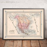 Antigua mapa árabe de América del Norte por Esref, 1868: Nueva York, Montañas Rocosas, río Misisipi, Grandes Lagos, Ciudad de México 