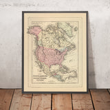 Old Map of North America by Mitchell, 1884: New York, Rocky Mtns, Hudson's Bay, Polar Regions, Mexico City