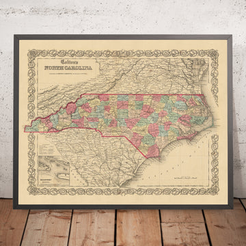 Alte Karte von North Carolina von J. H. Colton, 1858: Raleigh, Wilmington, New Bern, Fayetteville und Asheville 