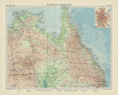 Alte Karte von Queensland & Northern Territory von Bartholomew, 1958: Brisbane, Darwin, Great Barrier Reef, Cape York 