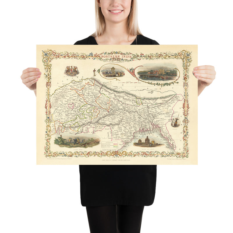 Ancienne carte décorative du nord de l'Inde, du Bangladesh, du Bhoutan et du Népal par Tallis, 1851 : Delhi, Calcutta, Himalaya, Gange, Vignettes