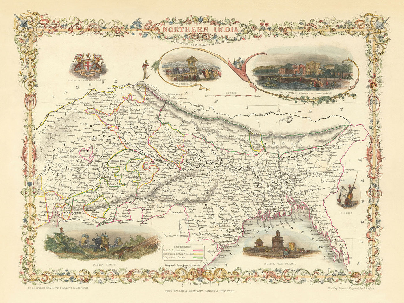 Ancienne carte décorative du nord de l'Inde, du Bangladesh, du Bhoutan et du Népal par Tallis, 1851 : Delhi, Calcutta, Himalaya, Gange, Vignettes