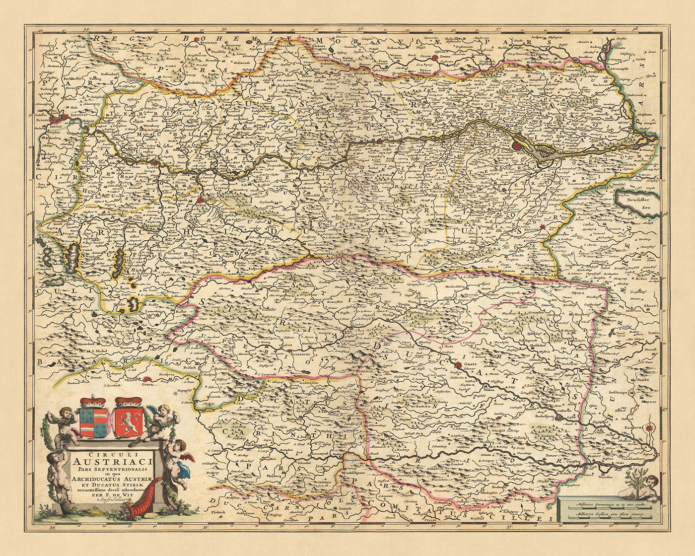 Mapa antiguo del Círculo del Norte de Austria por Visscher, 1690: Viena, Graz, Linz, Maribor, Parque Nacional Gesäuse
