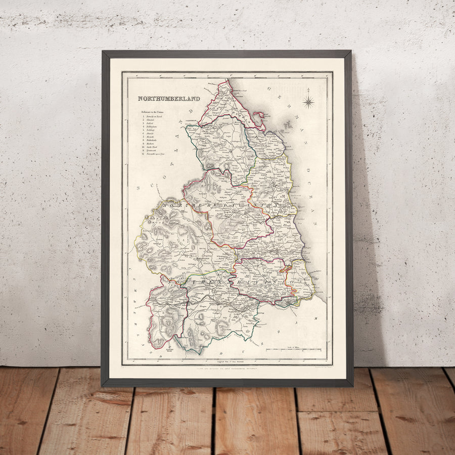 Old Map of Northumberland by Samuel Lewis, 1844: Newcastle upon Tyne, Blyth, Cramlington, Ashington, and Bedlington