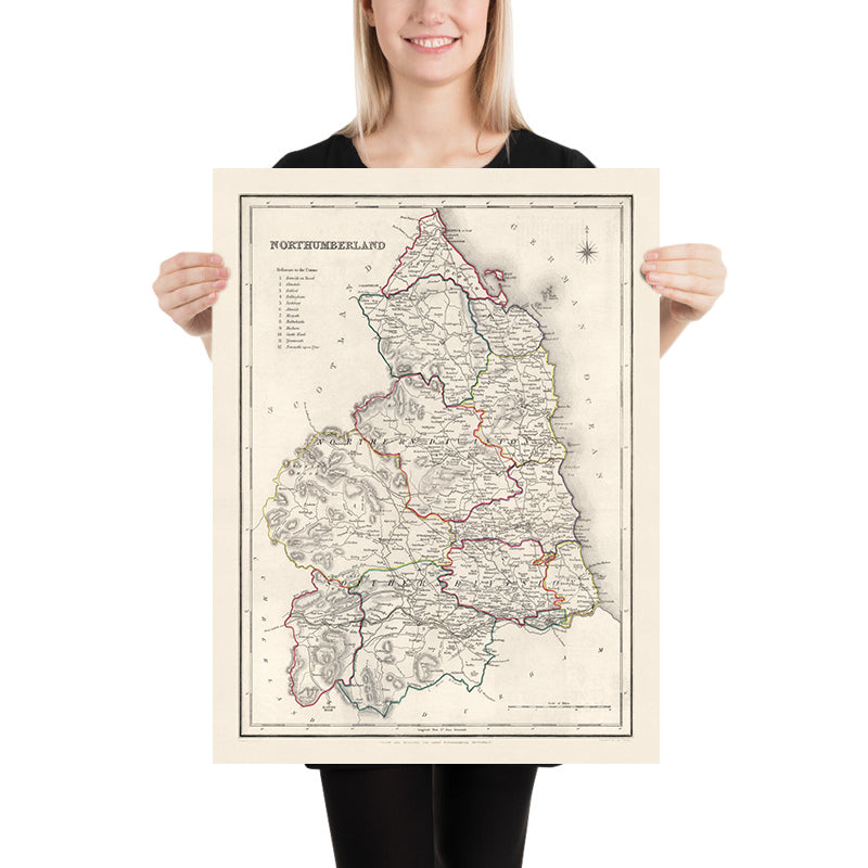 Old Map of Northumberland by Samuel Lewis, 1844: Newcastle upon Tyne, Blyth, Cramlington, Ashington, and Bedlington