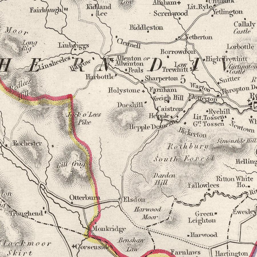 Old Map of Northumberland by Samuel Lewis, 1844: Newcastle upon Tyne, Blyth, Cramlington, Ashington, and Bedlington
