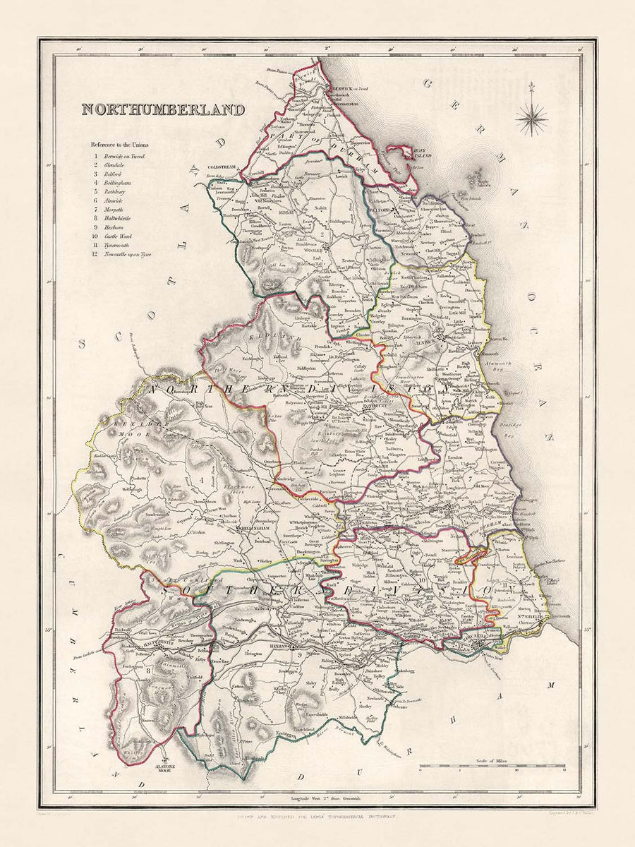 Old Map of Northumberland by Samuel Lewis, 1844: Newcastle upon Tyne, Blyth, Cramlington, Ashington, and Bedlington