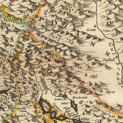 Ancienne carte de la Norvège par Visscher, 1690 : Oslo, Trondheim, Bergen, Stavanger, Parc national de Jotunheimen