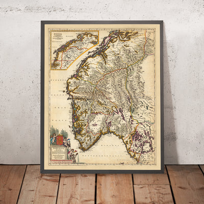 Mapa antiguo de Noruega de Visscher, 1690: Oslo, Trondheim, Bergen, Stavanger, Parque Nacional Jotunheimen