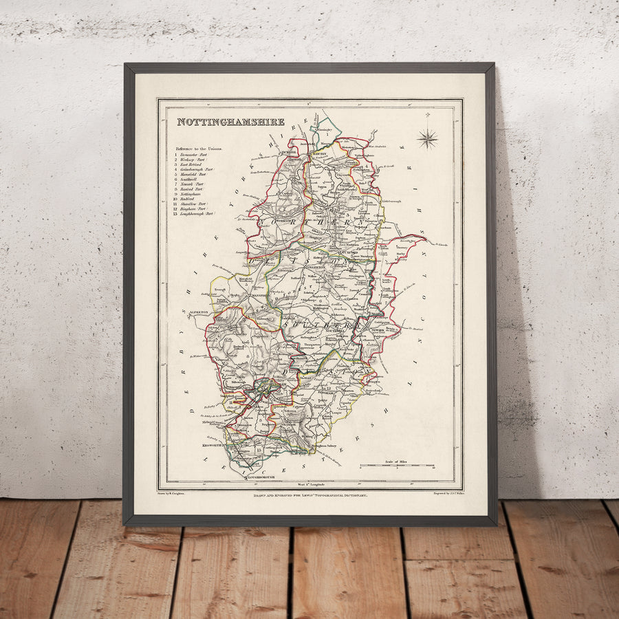 Ancienne carte du Nottinghamshire par Samuel Lewis, 1844 : Nottingham, Mansfield, Worksop, Newark, Retford