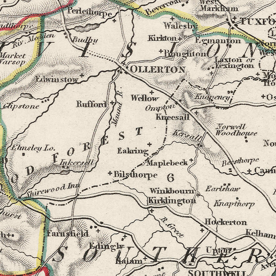 Ancienne carte du Nottinghamshire par Samuel Lewis, 1844 : Nottingham, Mansfield, Worksop, Newark, Retford