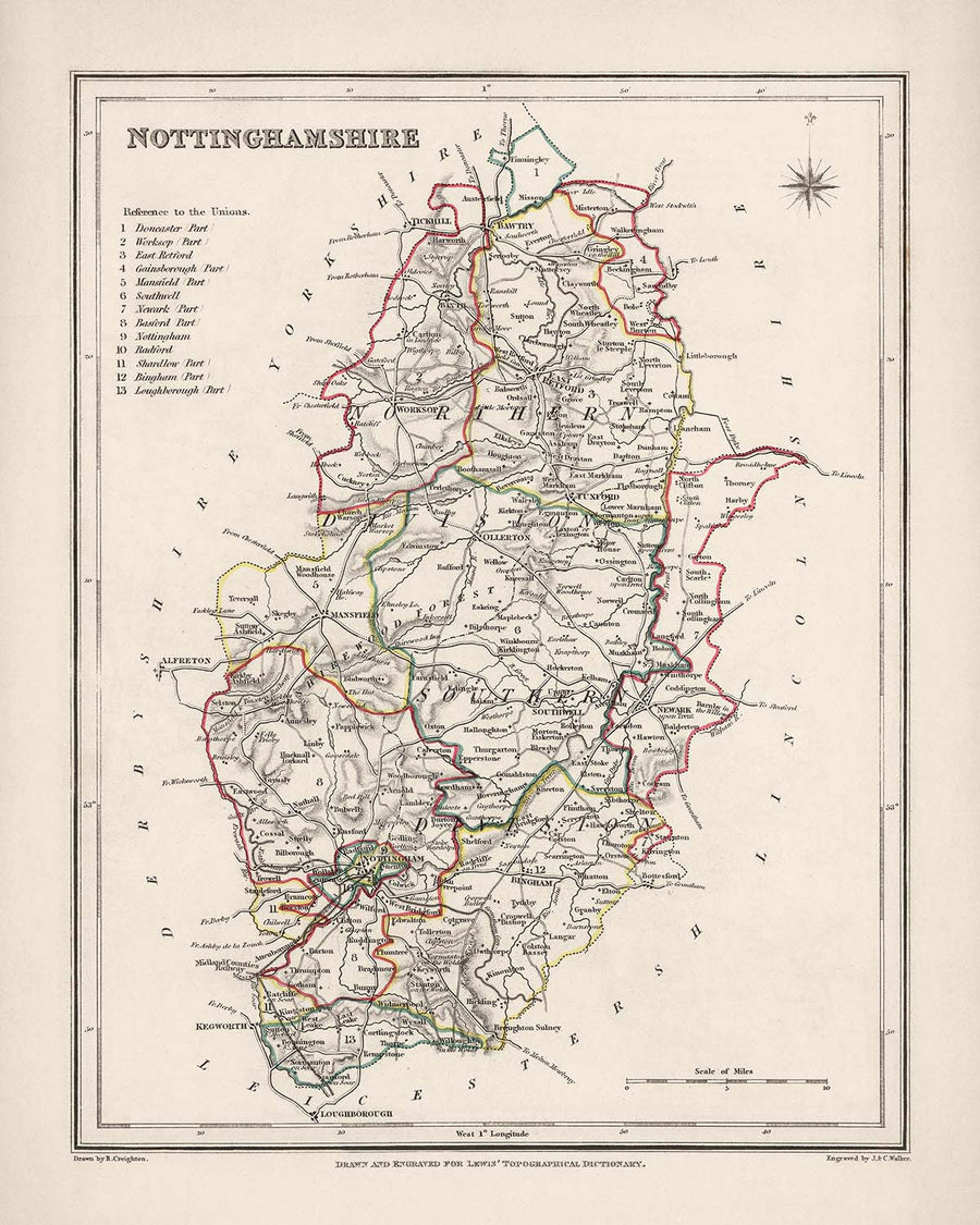 Ancienne carte du Nottinghamshire par Samuel Lewis, 1844 : Nottingham, Mansfield, Worksop, Newark, Retford