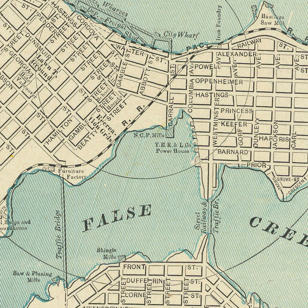 Old City Map of Vancouver by Cram, 1895: Stanley Park, Hastings Park, False Creek, Burrard Inlet, English Bay
