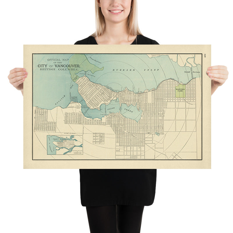 Old City Map of Vancouver by Cram, 1895: Stanley Park, Hastings Park, False Creek, Burrard Inlet, English Bay