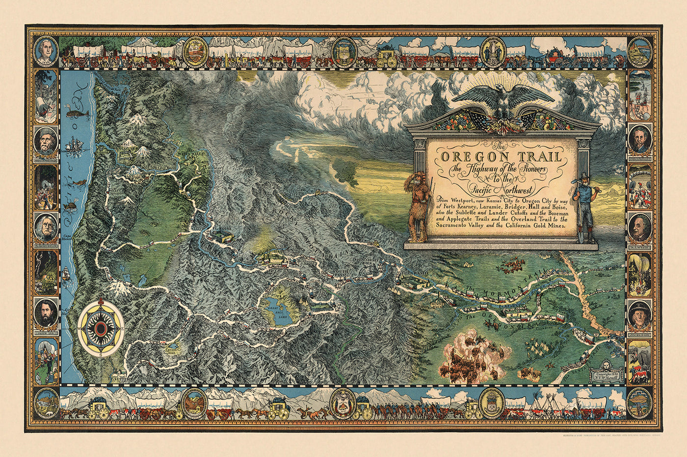 Alte Karte des Oregon Trail von William Forsyth McIlwraith, 1932: Mormon Trail, Westport, Whitman Mission, Ft. Vancouver