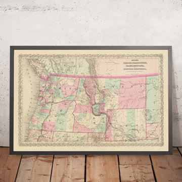 Old Map of the Pacific Northwest by J. H. Colton, 1868: Portland, Seattle, Boise, Helena, Cheyenne