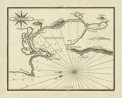 Ancienne carte nautique d'Oristano par Heather, 1802 : Sardaigne, style rococo, aperçus maritimes rares