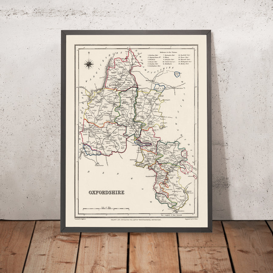 Old Map of Oxfordshire by Samuel Lewis, 1844: Oxford, Banbury, Abingdon, Bicester, and Witney