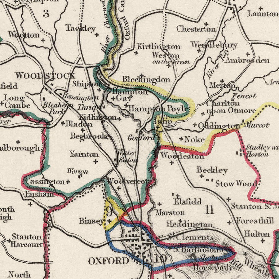 Old Map of Oxfordshire by Samuel Lewis, 1844: Oxford, Banbury, Abingdon, Bicester, and Witney