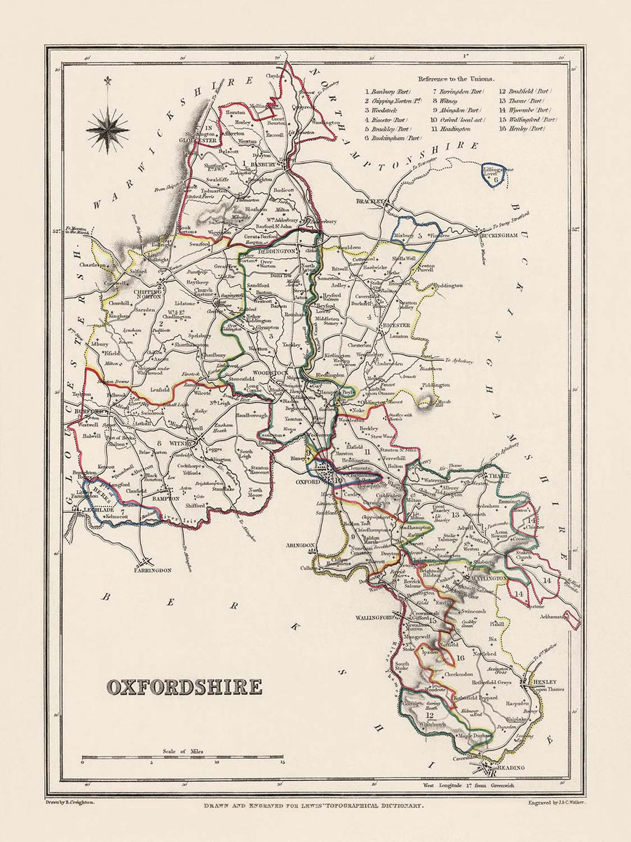 Old Map of Oxfordshire by Samuel Lewis, 1844: Oxford, Banbury, Abingdon, Bicester, and Witney