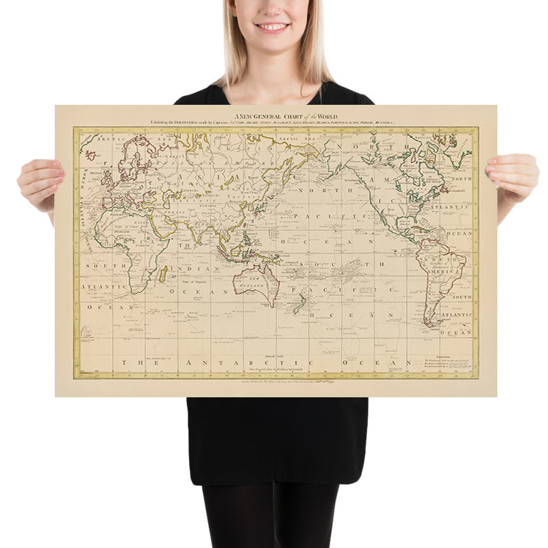 Ancienne carte du monde centrée sur le Pacifique par Hogg, 1794 : Voyages de Cook, Drake, Anson, centrée sur l&