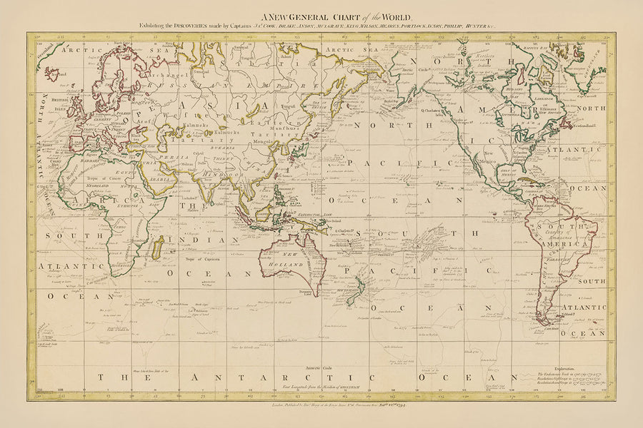 Ancienne carte du monde centrée sur le Pacifique par Hogg, 1794 : Voyages de Cook, Drake, Anson, centrée sur l&
