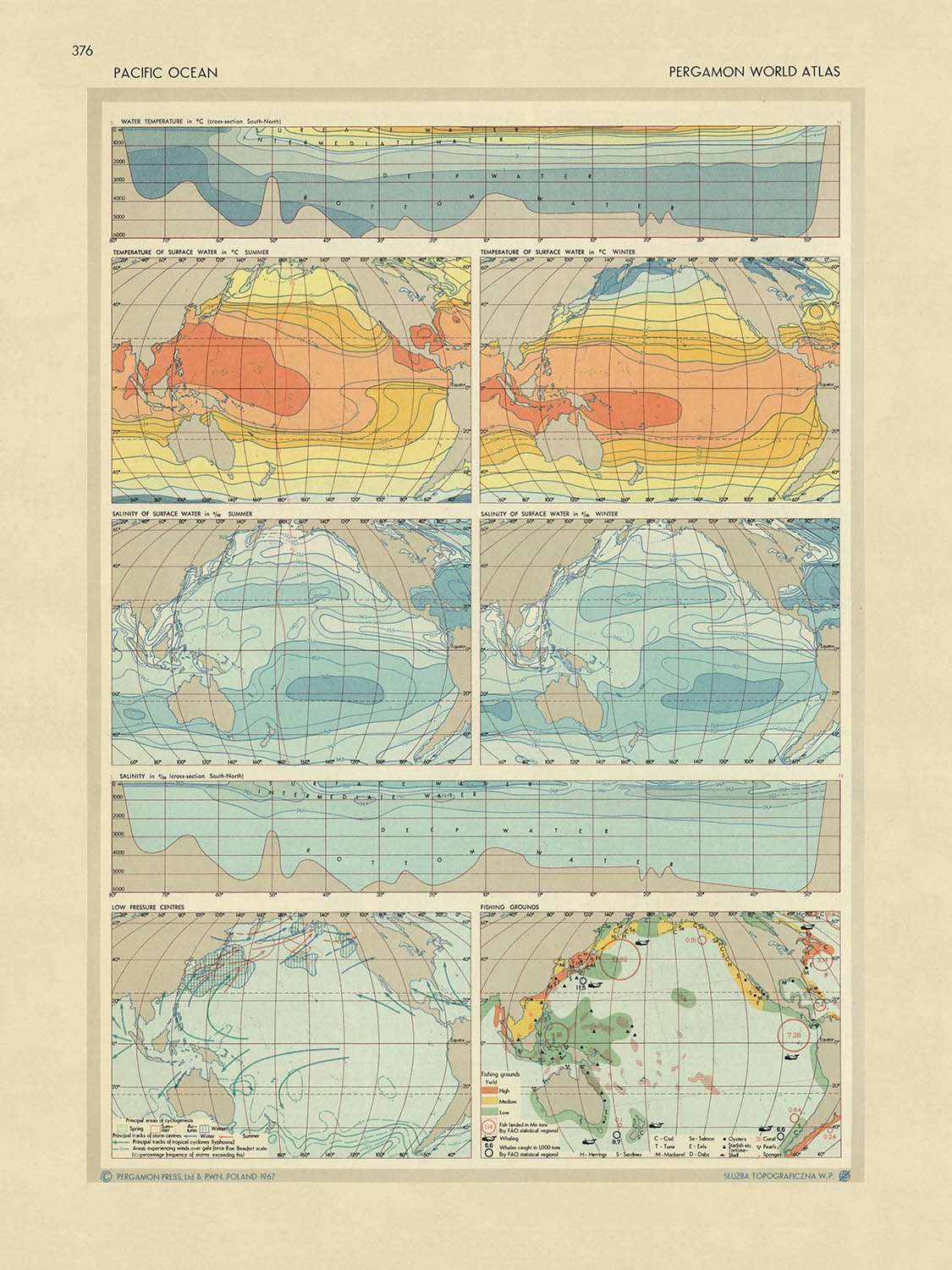 Alte Infografik-Karte des Pazifischen Ozeans: Temperatur, Salzgehalt, Fischerei, 1967