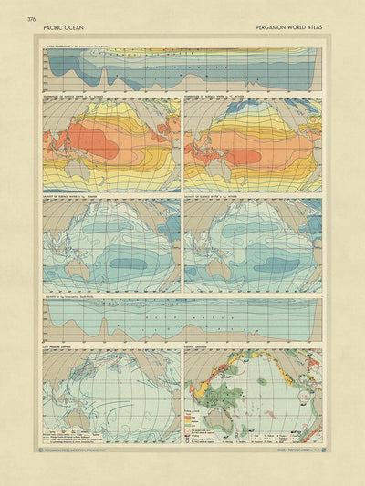 Alte Infografik-Karte des Pazifischen Ozeans: Temperatur, Salzgehalt, Fischerei, 1967